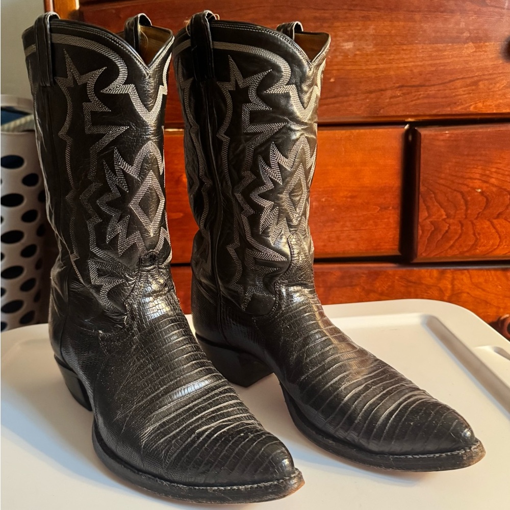 Tony Lama Black Western Cowboy Boots Lizard Skin